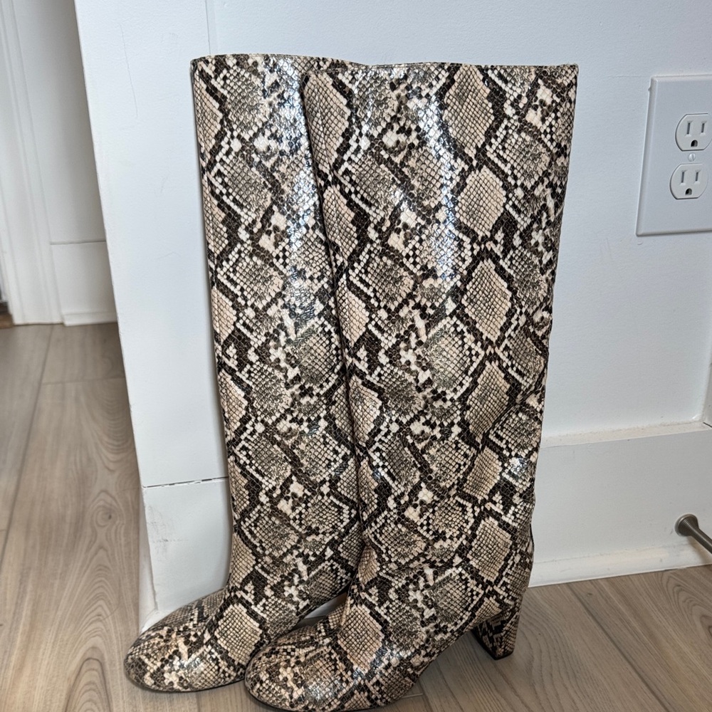 Zara Snake Print Knee-High Heeled Boots in Beige and Black